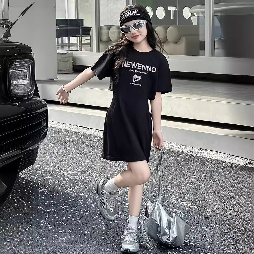 Girls' dress Summer 2025 New Style Girls' Korean Style Short-sleeved T-shirt Dress Girls' Big Boy's Summer Waist Princess Dress