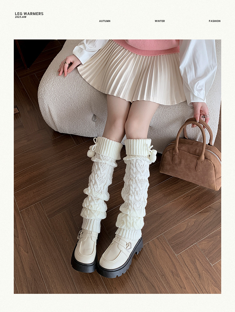 Scaldamuscoli Calzini di cotone e lana per donna, lavorati a maglia, caldi e spessi, leggings con palline di pelo carine, stile giapponese, lunghi sopra il ginocchio_voghion.com