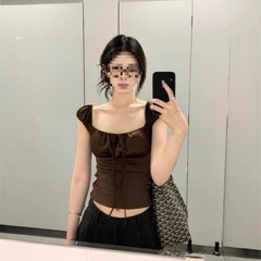 玫瑰可露丽 可露丽风修身短袖t恤女春秋季新款辣妹短款上衣咖啡色