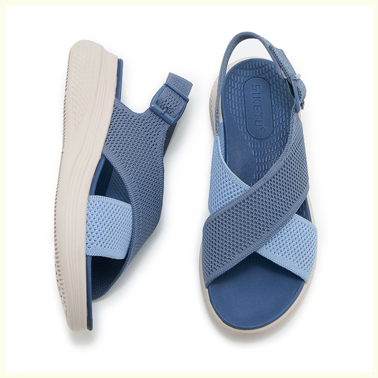 Sandal nữ quai chéo dệt kim phối dây rút, đế MD nhẹ êm — màu be, màu đen, xanh lam, màu hồng chi tiết 34