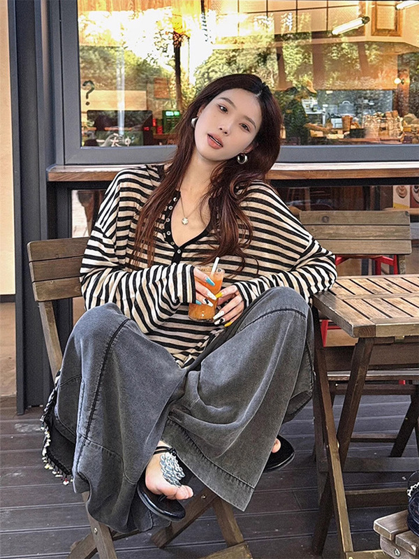 美式撞色条纹纽扣半开领T恤女夏季薄款长袖罩衫休闲显瘦慵懒上衣|undefined