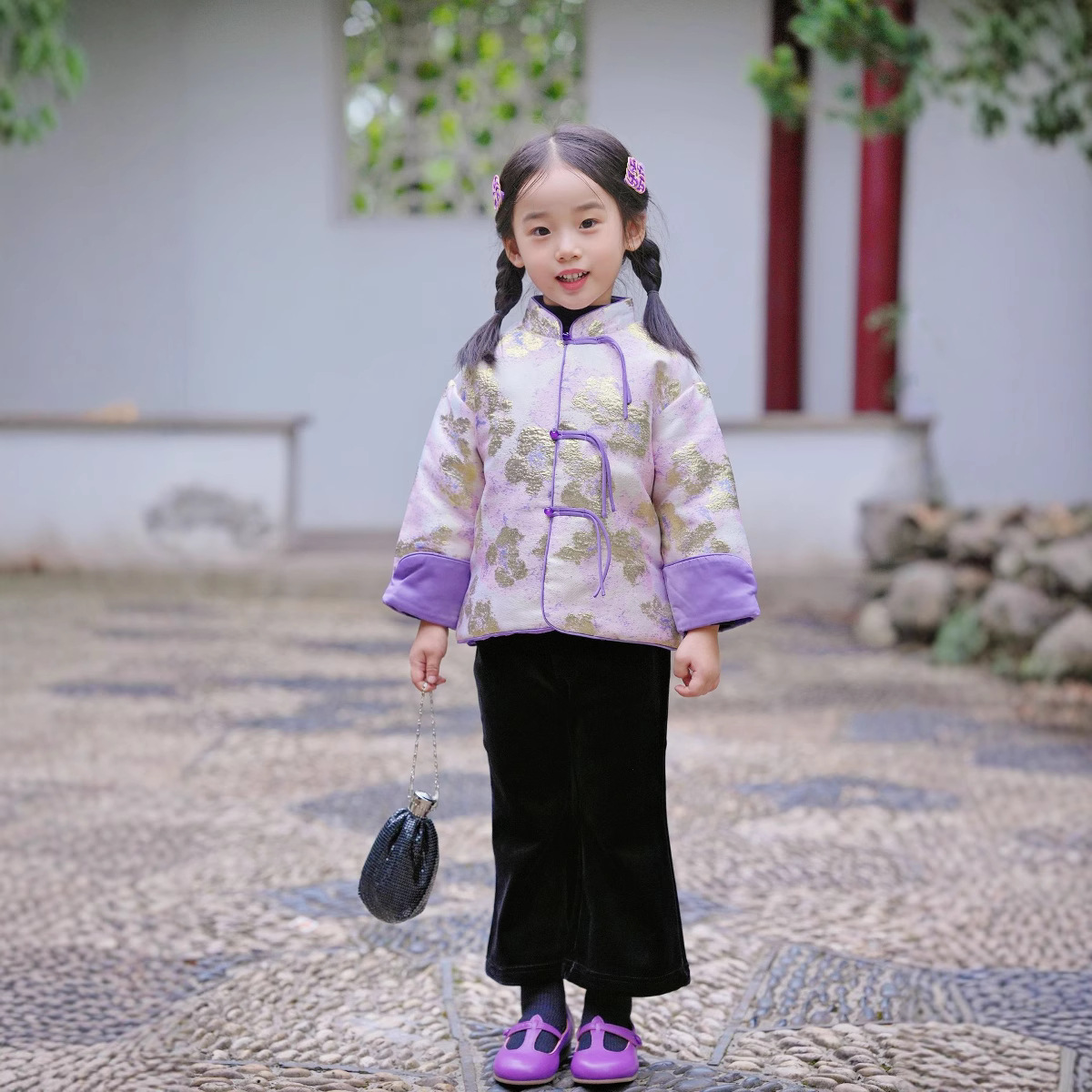 儿童棉衣冬季加厚改良唐装宝宝冬装保暖紫色外套女童对襟棉服套装