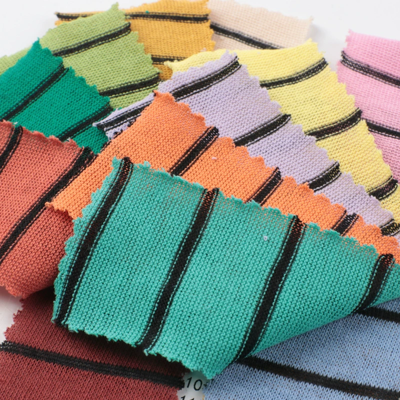 Colored woven strips between strips 125g polyester-cotton cvc dry stretch single jersey light knitted striped fabric