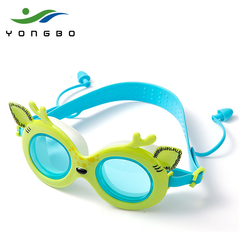 毅搏儿童硅胶防雾游泳泳镜连体耳塞鹿耳可爱边框连体耳塞|ms