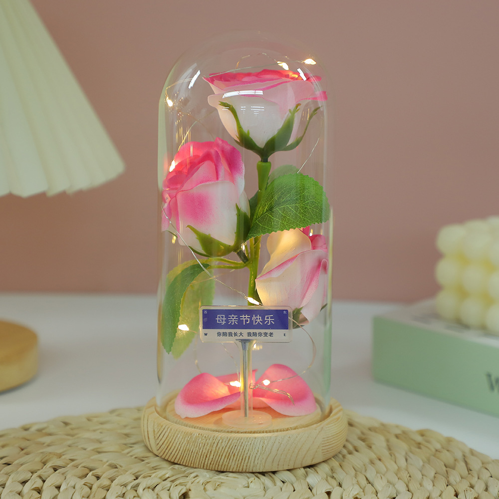 Fábrica al por mayor Flor eterna Cubierta de vidrio Clavel Caja de regalo Flor simulada Decoración de escritorio Día de la madre Regalo para mamá