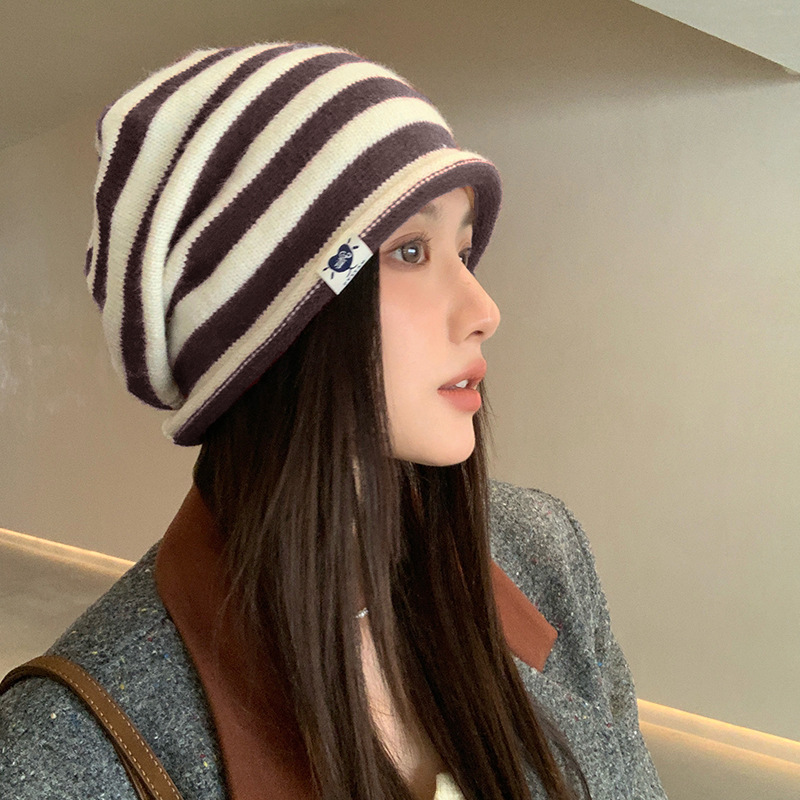 拼色卷边羊毛针织帽子女秋冬冷帽韩版堆堆帽百搭显脸小护耳包头帽|undefined