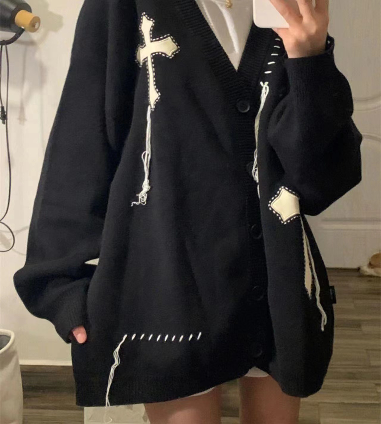 日系复古毛衣外套女 中长款小众宽松v领针织开衫慵懒风刺绣上衣潮