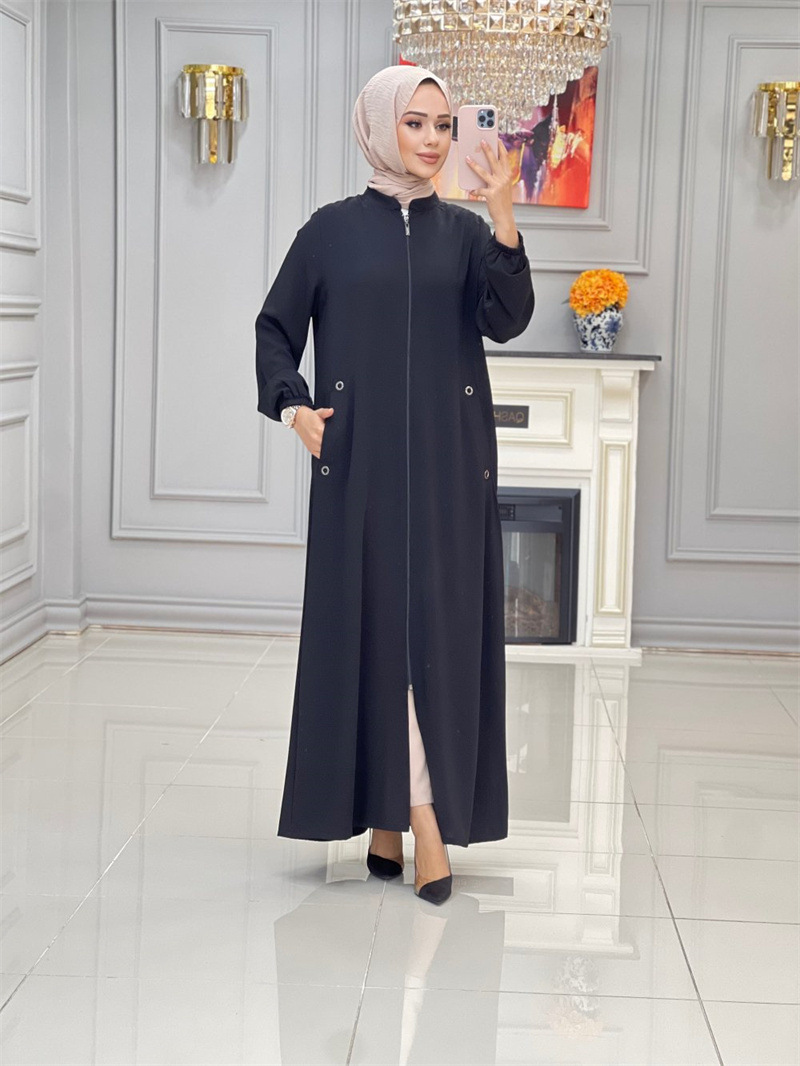 In Stock In Dubai, Middle East, 2024 New Fashion Stand-up Collar Zippered Pocket Loose Casual Dress Women's Robe_ecoleips.com