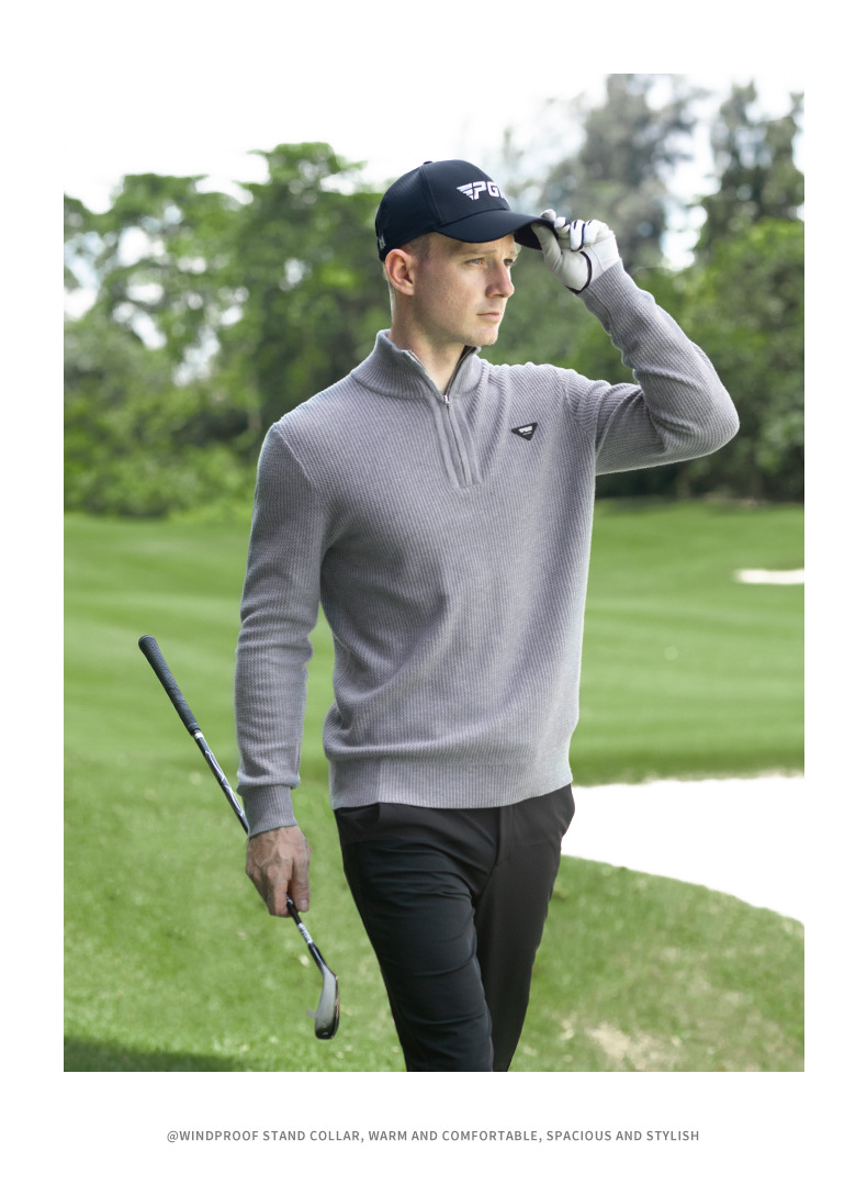 Áo len golf nam cổ đứng dệt kim giữ ấm mùa thu đông — YF720-Áo len màu xám mặt trăng chi tiết 8