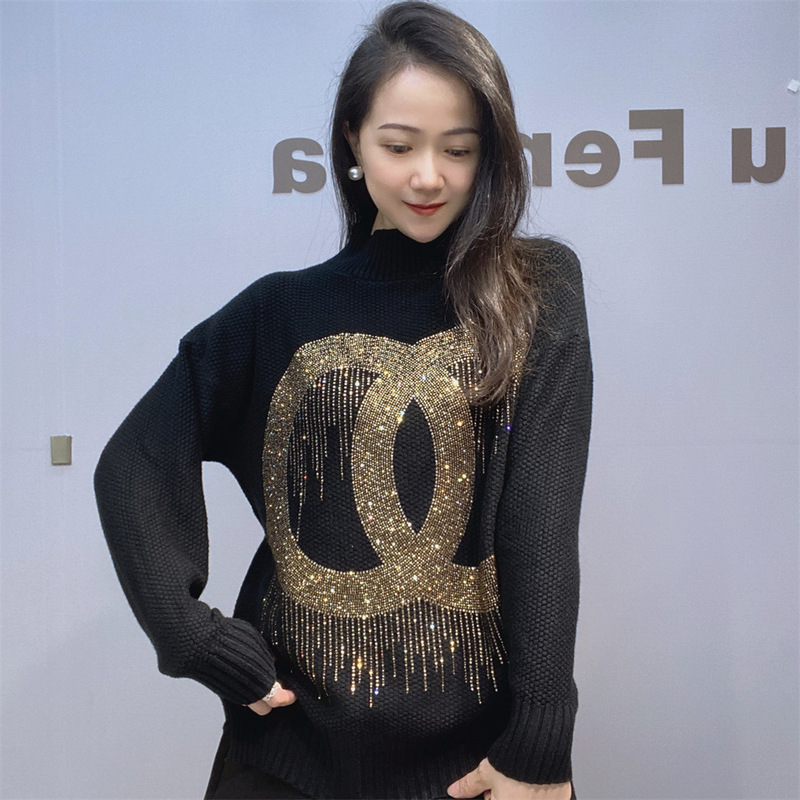 2025 Winter Stylish Rhinestone Knit Sweater New Fashionable Women's High Neck Plus Size Long Sleeve Sweater for Foreign Trade 2025 Winter Stylish Rhinestone Knit Sweater New Fashionable Women's High Neck Plus Size Long Sleeve Sweater for Foreign Trade