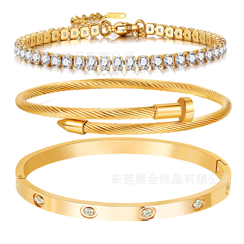 Cross-border Amazon BS titanium steel drill bracelet nail bracelet card bracelet three-piece 18K gold bracelet suit Cross-border Amazon BS titanium steel drill bracelet nail bracelet card bracelet three-piece 18K gold bracelet suit