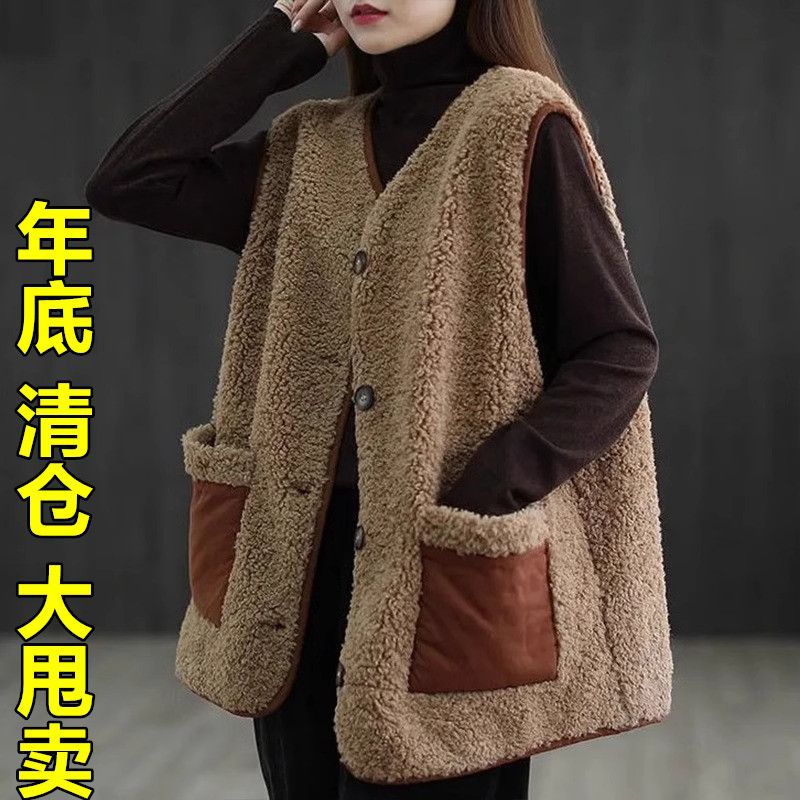 仿羊羔绒马甲加厚秋冬新款大码背心mm文艺宽松女装加大外套