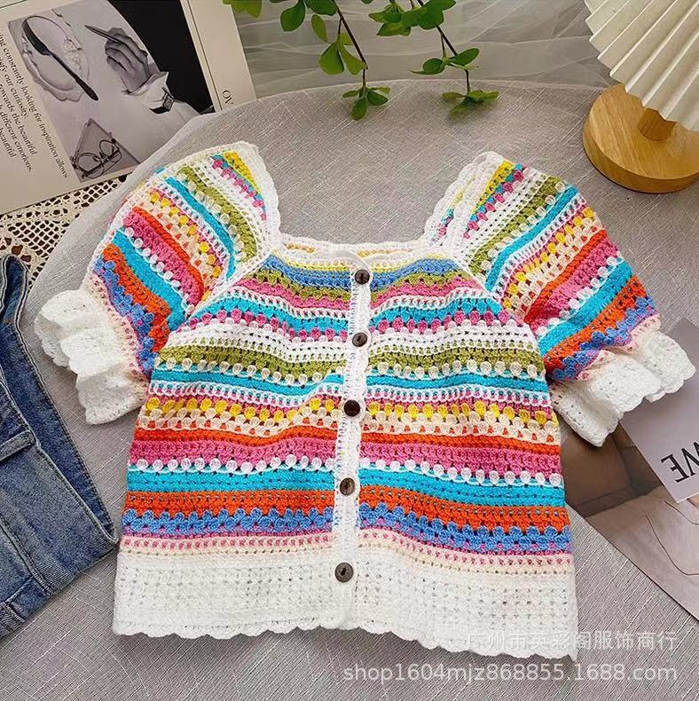 French Style Retro Rainbow Color Striped Square Collar Knitted Cardigan Women's Summer Korean Style Slimming Internet Popular Super Hot Small Top Trendy