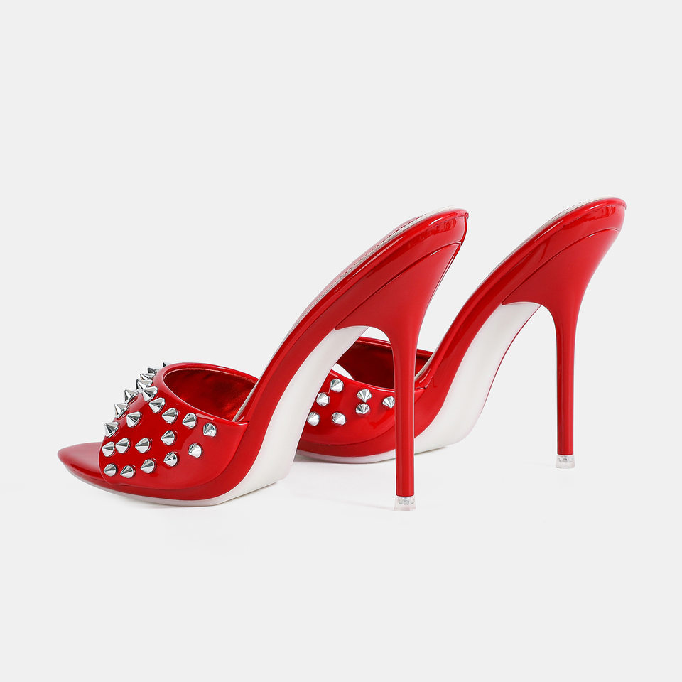 Dép sandal nữ quai ngang hở ngón đính đinh tán, gót mảnh 12 cm, cỡ lớn — Màu be, Màu bạc, Màu trắng, Màu tím chi tiết 2