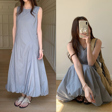 现货实拍  法式无袖甜美淑女芭蕾风背心裙花苞云朵中长连衣裙 3色