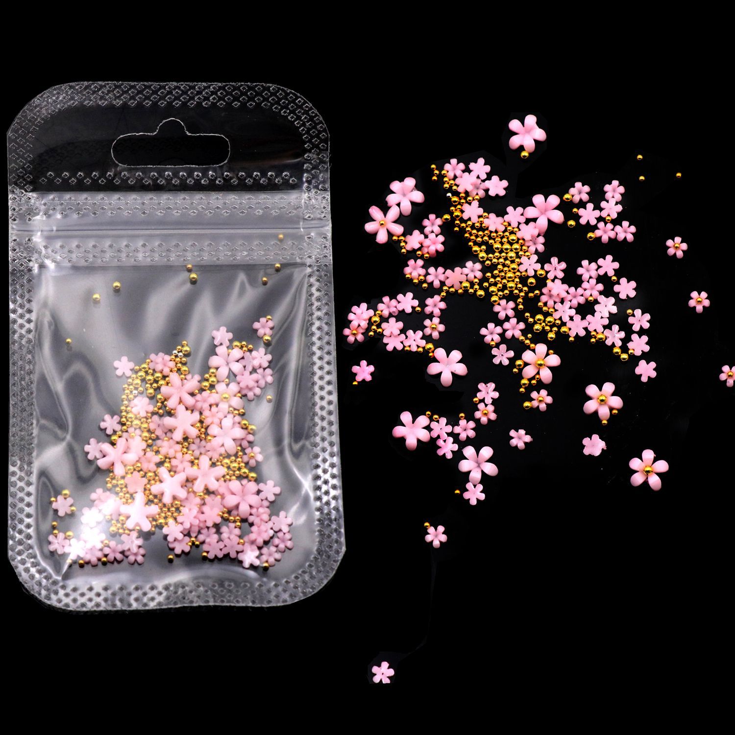 Blanco flor pequeña joyería de uñas de resina tridimensional de cinco pétalos tamaño de la flor mezclada con oro y plata cuentas de acero