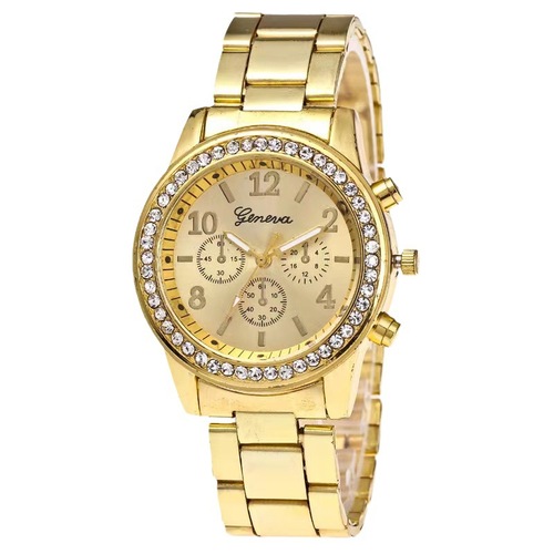 New Geneva Three-Dial Diamond-Encrusted Alloy Women's Quartz Wristwatch with European and American Steel Strap Casual Watch