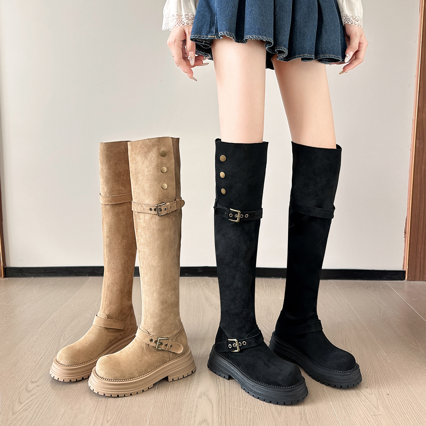 厚底长筒靴女2025新款冬季长过膝绒面长靴显瘦高筒羊羔毛骑士靴子