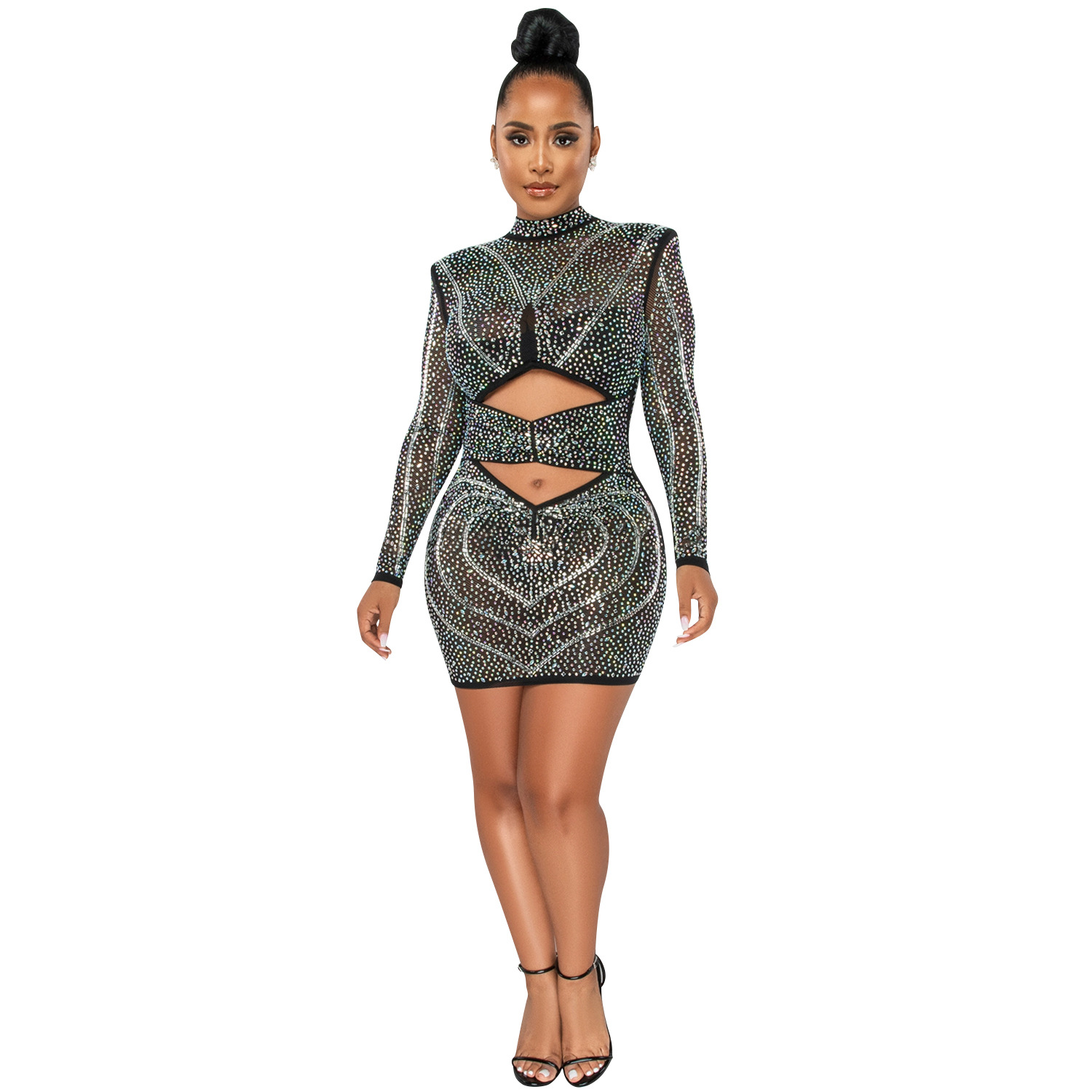 X5572 AliExpress Amazon moda sexy discoteca caliente rhinestone malla ver-a través de manga larga hueco vestido MIDI vestido image 6