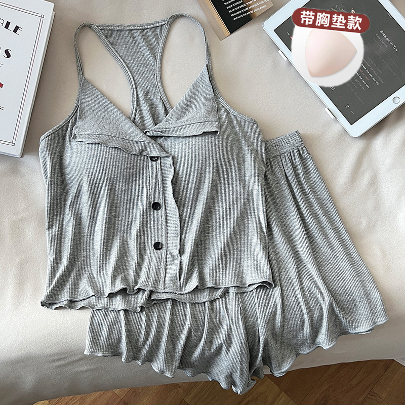 2025 New Summer Pajamas for Women Modal Cotton Sling Chest Pad Pure Lust Style Sexy Summer Two-Piece Home Clothes