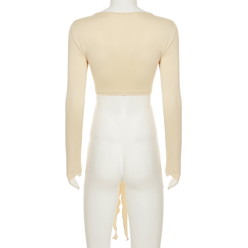 European And American Sexy Style Basic Versatile Skin-colored Strap Low V-neck Ultra-short T-shirt For Women, Slim Fit,_ecoleips.com