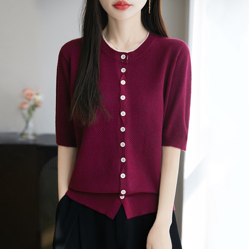 2025 Spring and Summer New Worsted Wool Round Neck Knitted Cardigan Short-Sleeved Women's Color-Blocked Cross-Button Fake Two-Piece Top