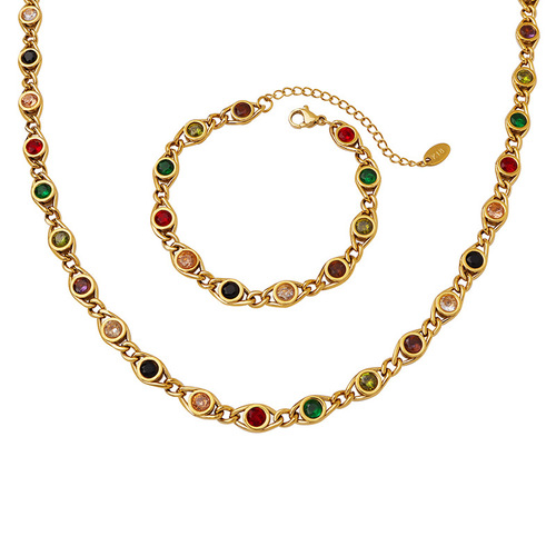Elegant and Trendy Fish Eye Design Multicolored Zirconia Beaded Chain Necklace, Unique and Fashionable Copper Material Bracelet Set