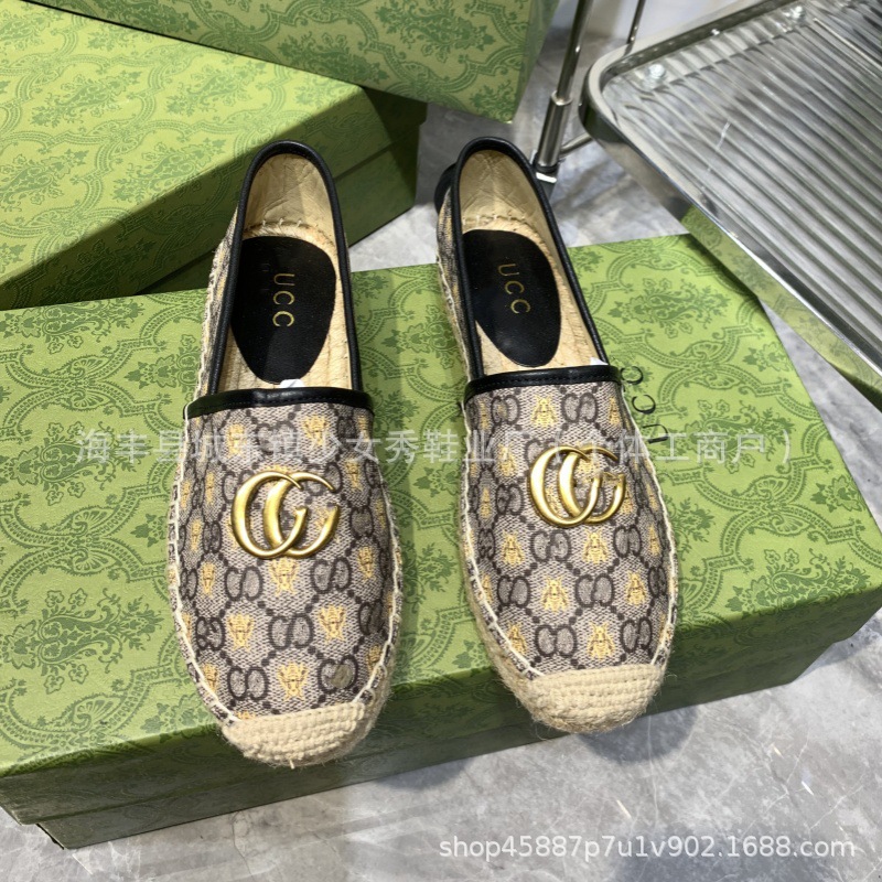 Comercio exterior transfronterizo G bordado estándar estampado zapatos de pescador 2025 suela de goma tejida boca poco profunda zapatos casuales de un solo pedal