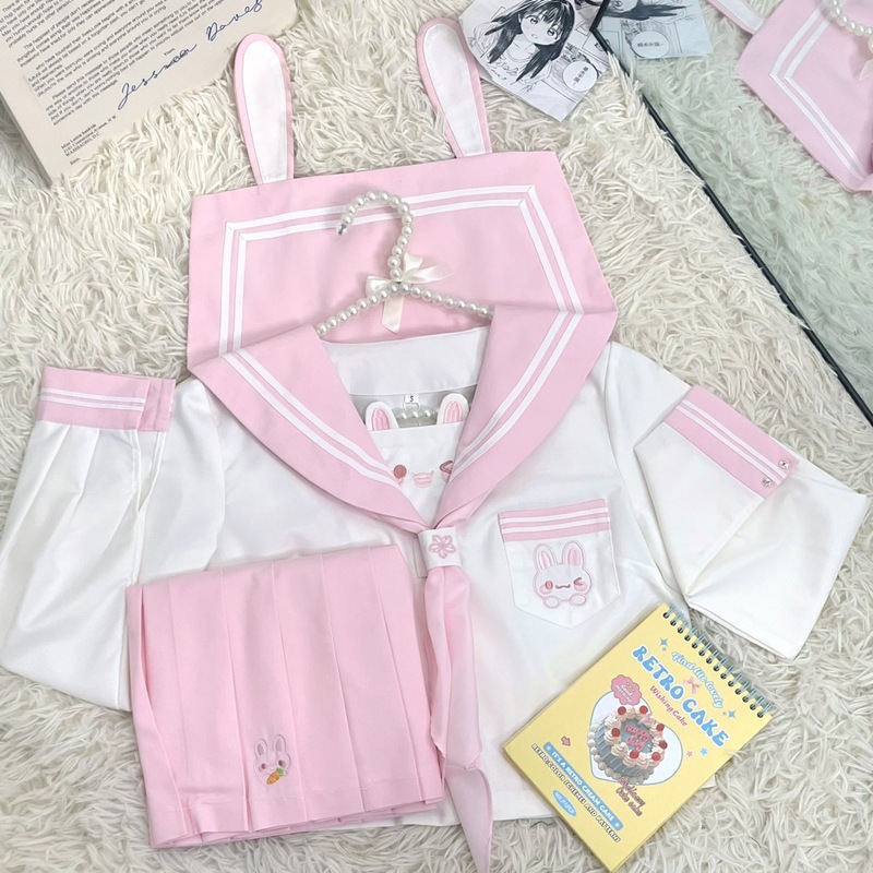 Tianke オリジナル本物の Omi ウサギ JK 制服女性の日本のカレッジスタイル甘いセーラー服半袖刺繍スカートスーツ|undefined