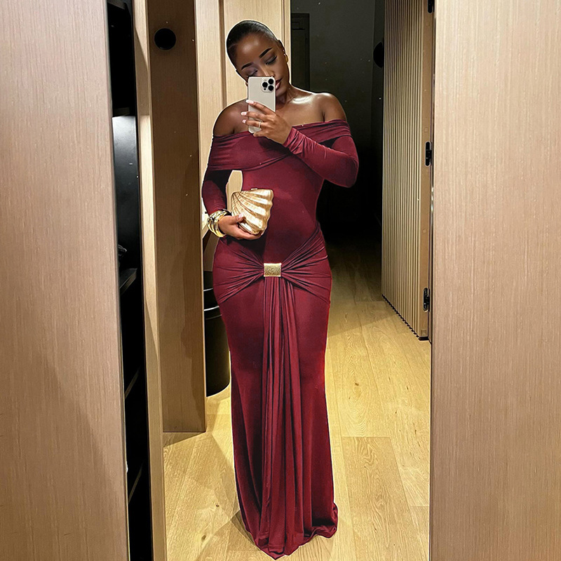 European And American Style Women's Fashion 2024 Autumn Winter New Fashionable Elegant Off-Shoulder Solid Color Long_ecoleips.com