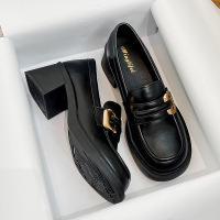 2024 Spring and Autumn New Thick Sole Thick Heel Retro Small Leather Shoes High Heel Lefu Shoes Single Shoes Women's Large Size Shoes 41-43