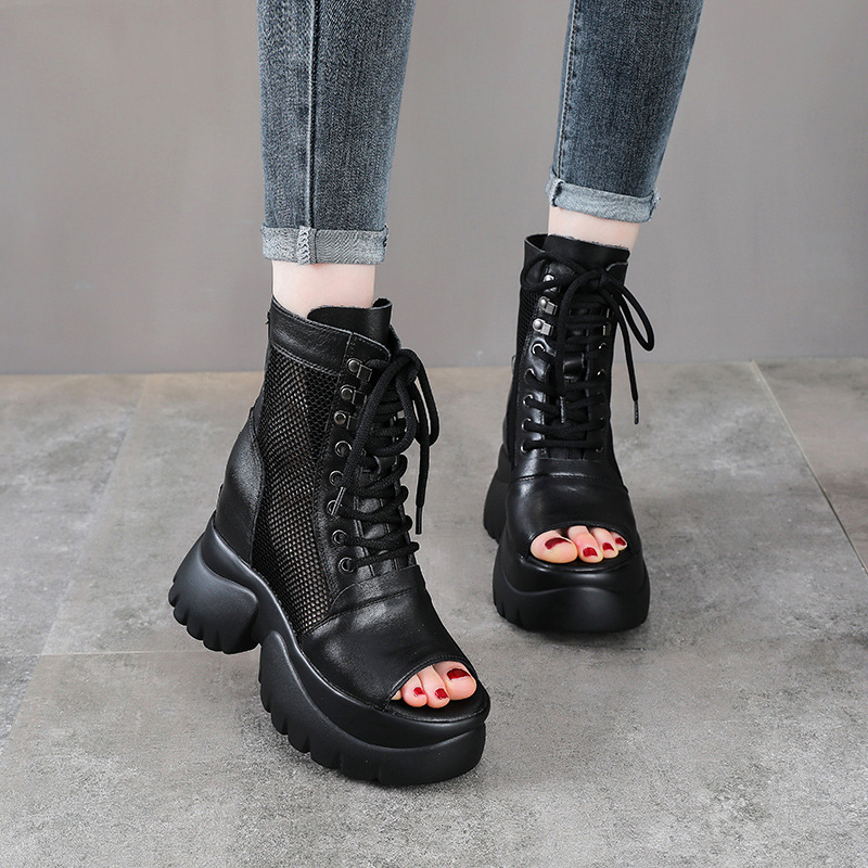 Sandal da bò cao gót 9 cm quai buộc dây hở mũi — màu đen