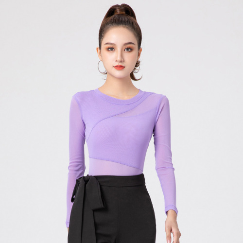 High-end body training clothing mesh national standard modern Latin dance tops women's long-sleeved dance practice clothing dancing one-piece