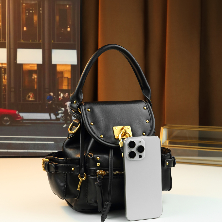 Borsa a mano retrò con lucchetto borchiato, media, multifunzionale, da donna, a tracolla, zaino da pendolare, in pelle PU con cerniera_voghion.com
