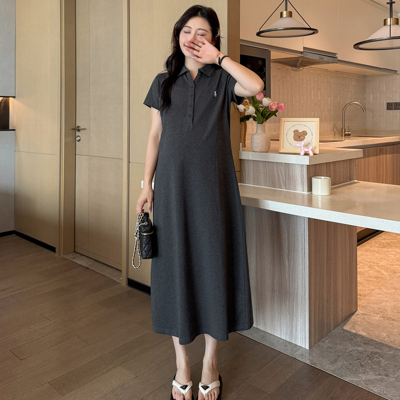 Maternity Dress Summer Polo Lapel Fashion Casual Large Size Long Age-Reducing Summer Thin Maternity Dress Maternity Dress Summer Polo Lapel Fashion Casual Large Size Long Age-Reducing Summer Thin Maternity Dress