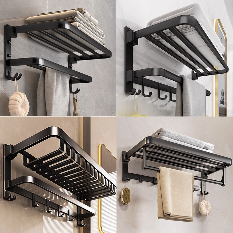 No Punching Towel Rack Black Space Aluminum Bathroom Storage Rack Wall-Mounted Bathroom Hotel Set Storage Rack