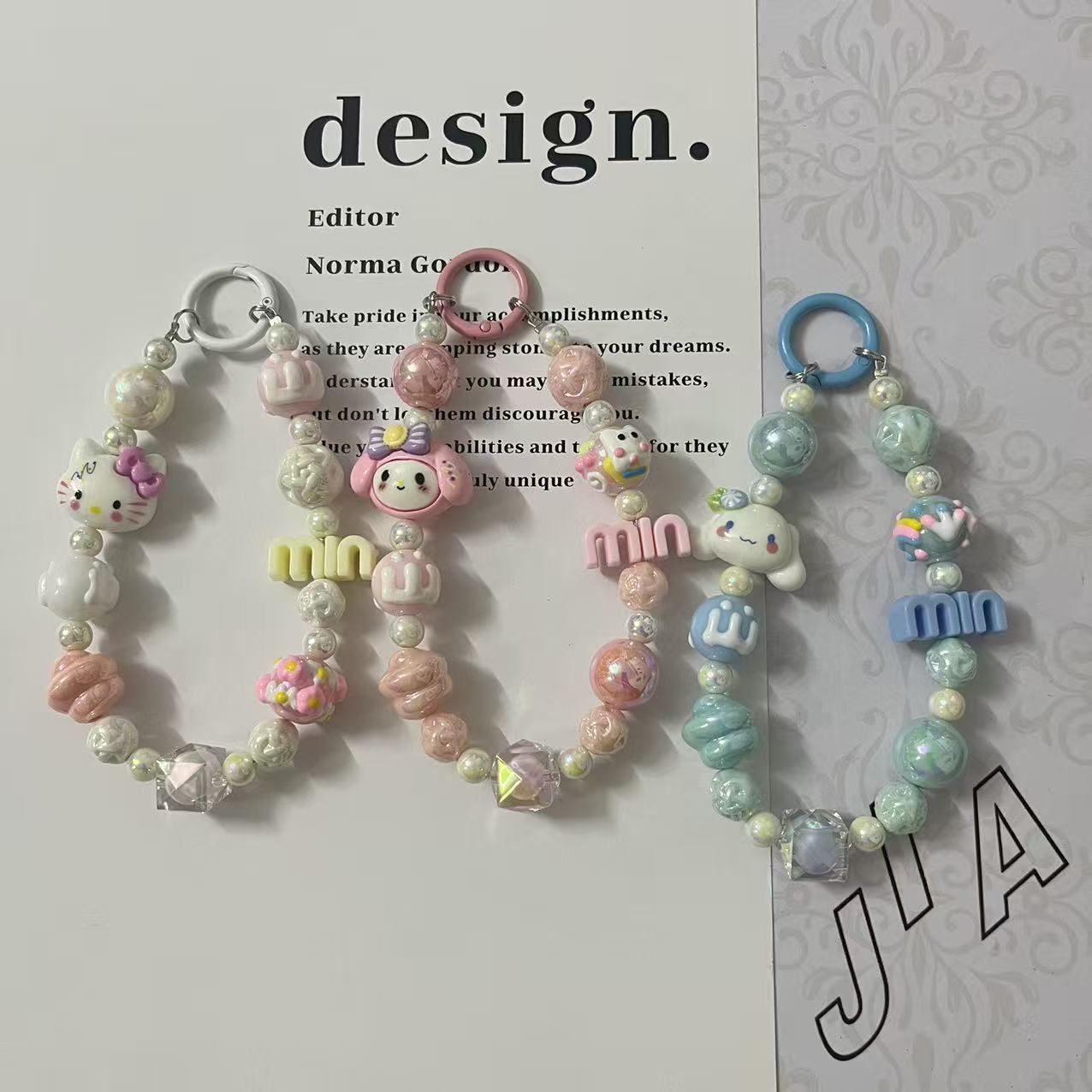 New Acrylic Cartoon Sanrio Beaded Mobile Phone Chain Little Red Book Same Style Min Letter Car Key Wholesale