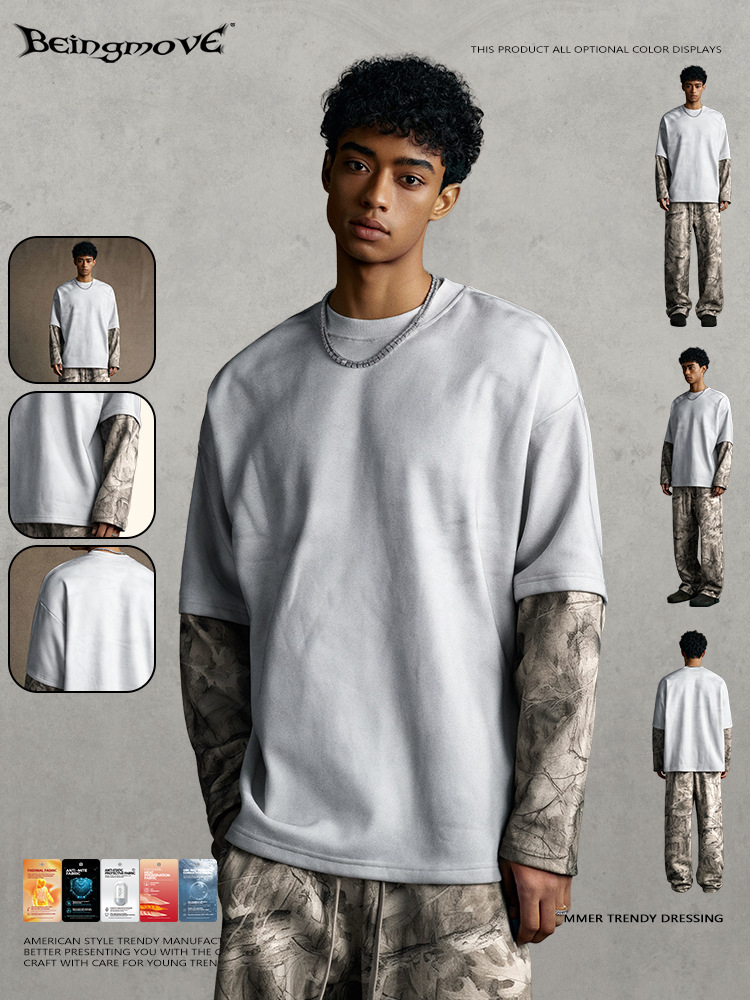 Calle secada| 2025 otoño diseño americano sentido logotipo de color contrapeso mosaico falso dos camisetas de manga larga hombres al por mayor