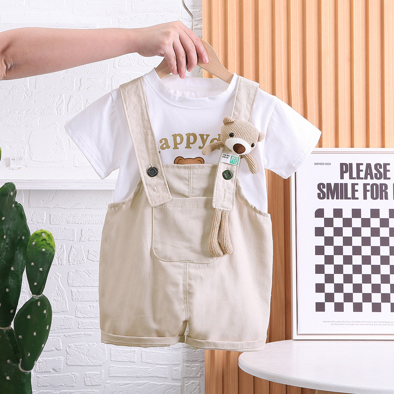 Round Neck Neckline Comfort Function Cute Letter Bear Cotton Girls Clothing Sets