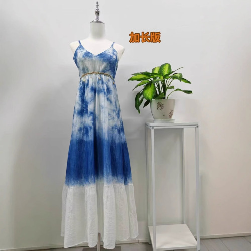 Original Yunnan Pure Plant-Based Banlangen Handmade Tie-Dye Blue Dress, Artistic Long Gown with Straps