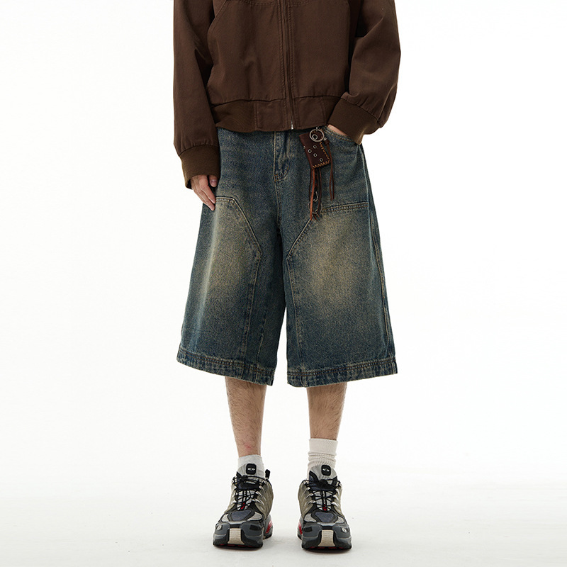 新款美式高级感牛仔裤男女复古裤子欧美伐木阔腿短裤七分裤情侣