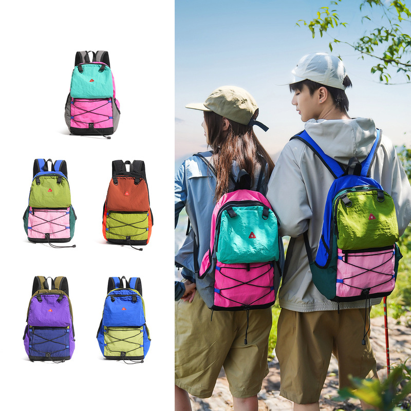 New stylish color-blocked outdoor sports backpack, casual drawstring design, lightweight hiking and mountaineering bag with external attachments