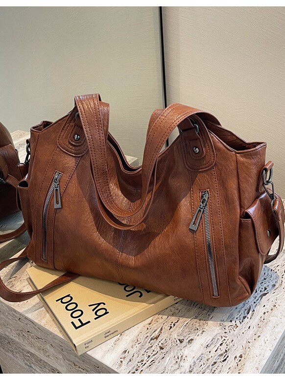Túi tote nữ dung tích lớn đeo chéo đeo vai phong cách retro, chất liệu PU mềm — Màu cà phê, Màu nâu, Màu đen