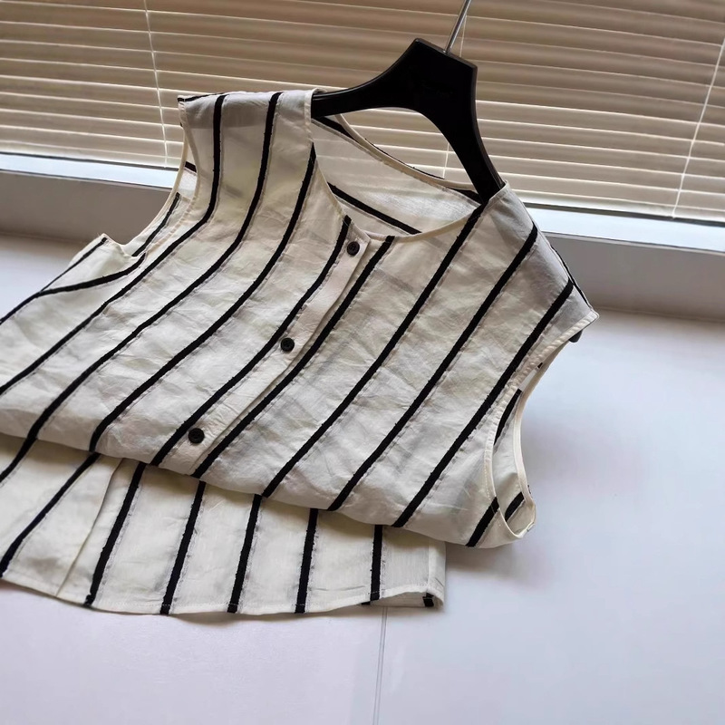 Vintage Striped Tencel Linen Sleeveless Vest Women's Summer Thin Mid-length Loose Waistcoat Outer Waistcoat Cotton Linen Top
