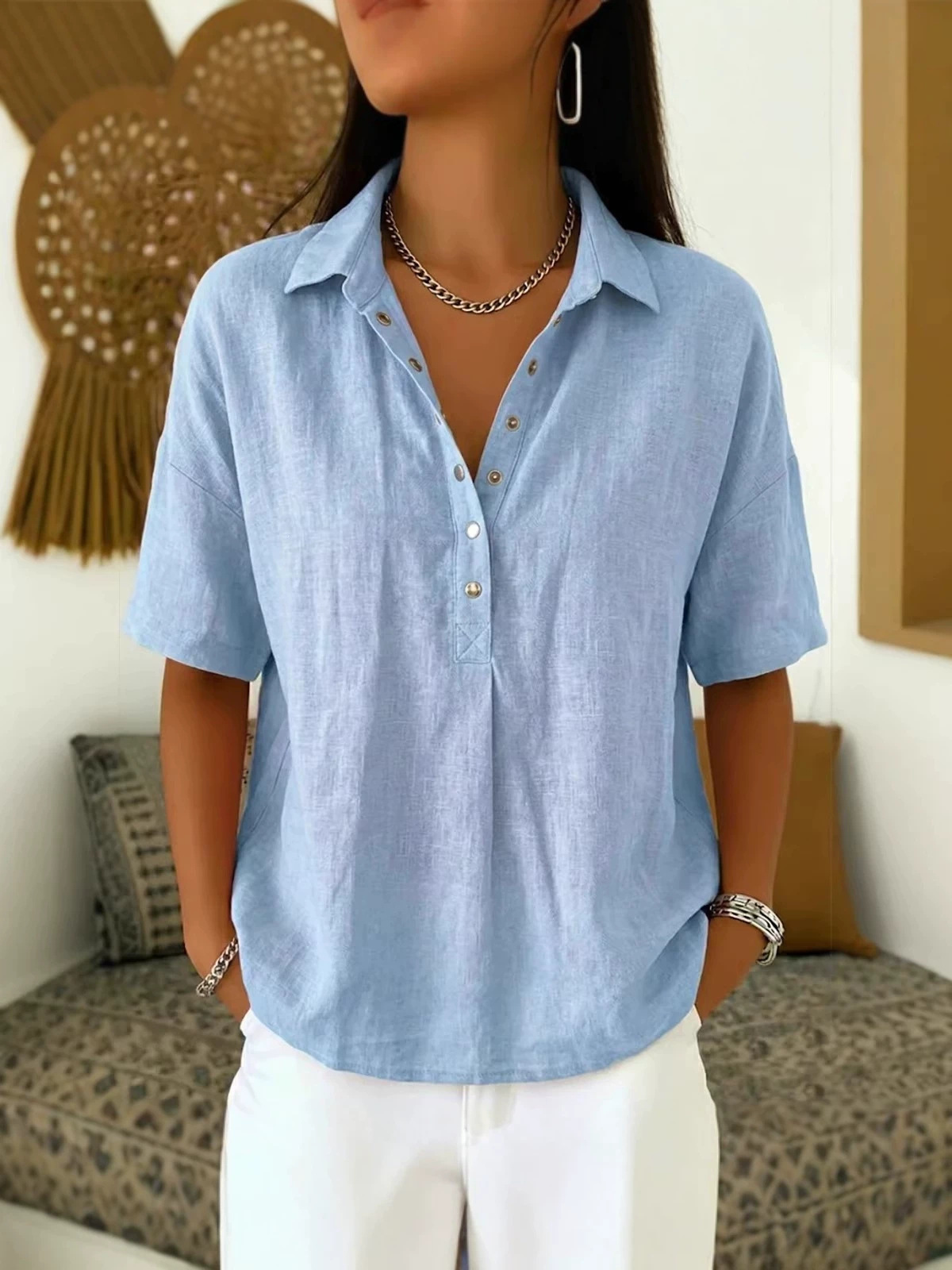 Europa y Estados Unidos transfronterizos Amazon estación independiente 2026 verano nuevo estilo de ropa de mujer comodidad con solapa de manga corta camisa sólida