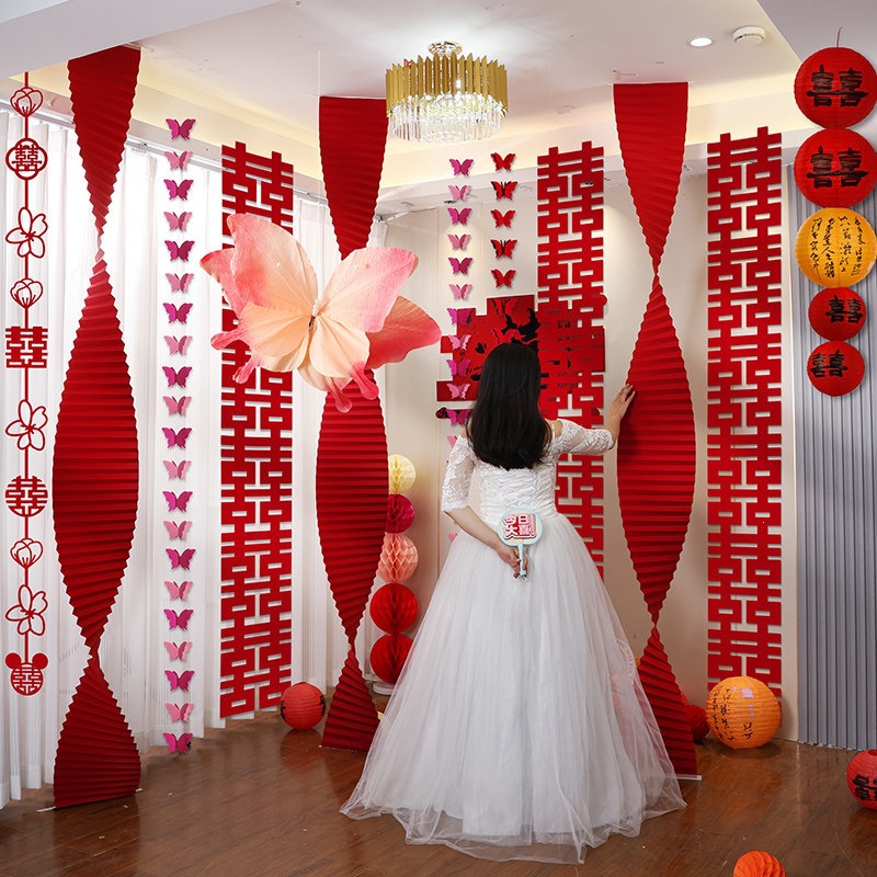 折纸瀑布结婚婚房布置男女方新房卧室客厅装婚礼拉花装饰长条喜字