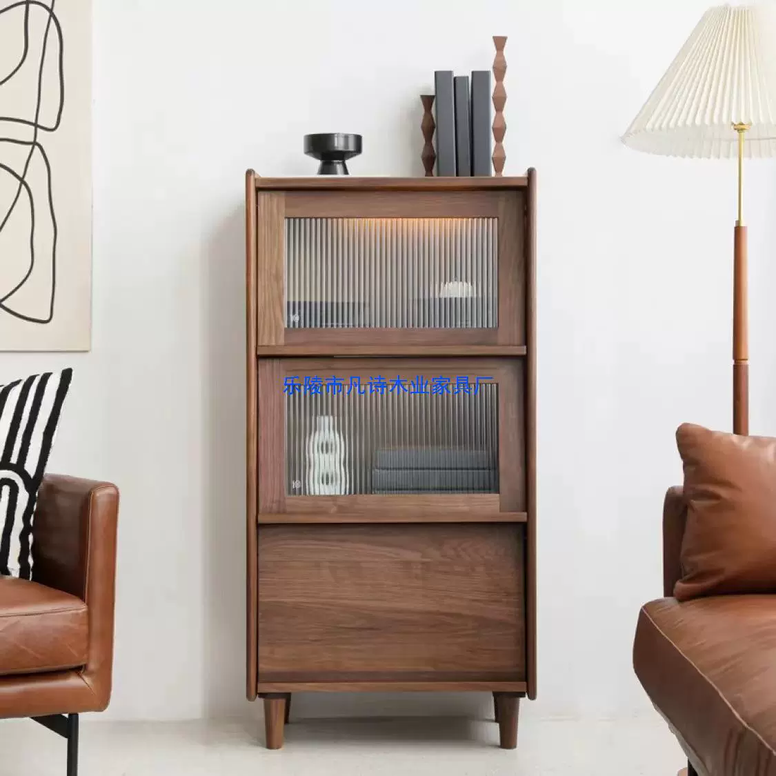 Буфет из цельного дерева Nordic Черный орех Узкий шкаф для гостиной Боковой шкаф книжный шкаф Маленькая квартира Вертикальный шкаф Шкаф для хранения
