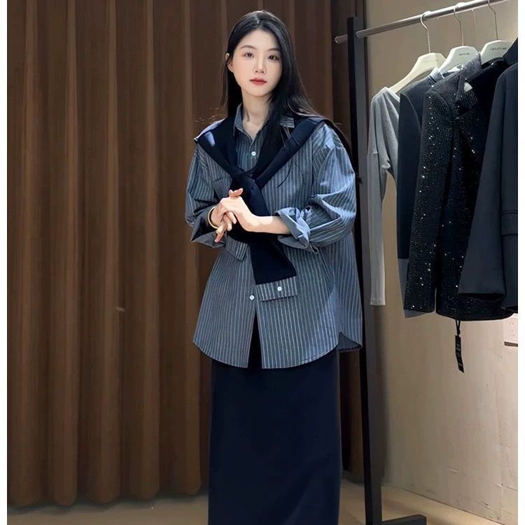 大码胖MM轻奢韩系简约春秋季时尚显瘦套装女披肩衬衫半身裙三件套|undefined