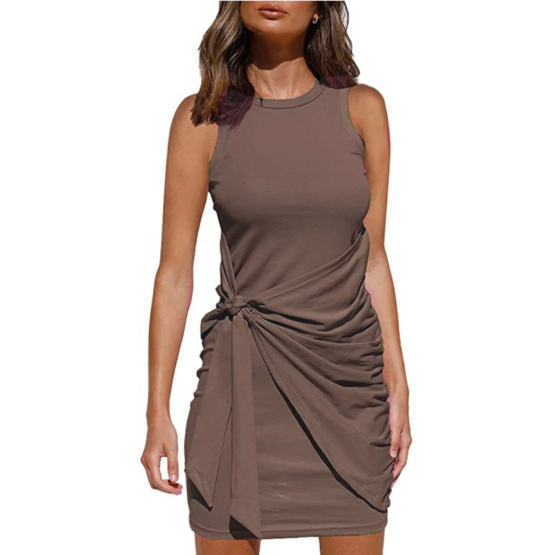 Sleeveless Round Neck Ruffled Dress Bow Tie Waist Asymmetrical Hem Elegant Style Perfect for Parties and Events