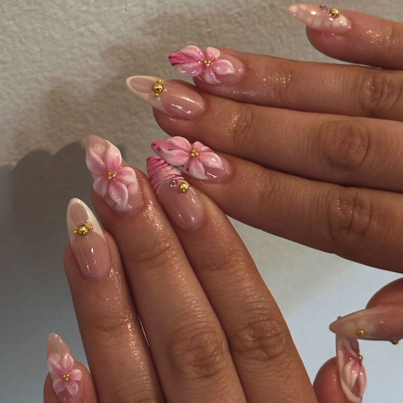 Cross-Border Hot Selling Manicure Nails Wearable Nails Short Almond Nails Wearable Fake Nails 3D Flower Nails